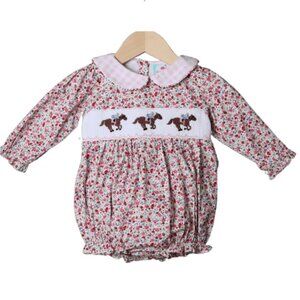 Smocked Floral Baby Girl Kentucky Derby Outfit Bubble Romper Embroidered Horses